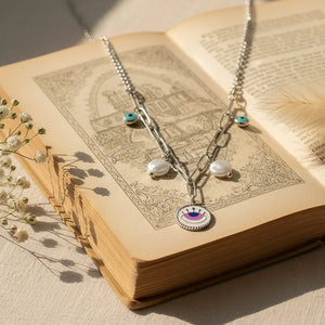 Silver Paperclip Chain Necklace with Eye Medallion