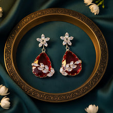 Load image into Gallery viewer, Rhodium-Plated Black Gemstone Teardrop Drop Earrings with American Diamond Leaf Accents
