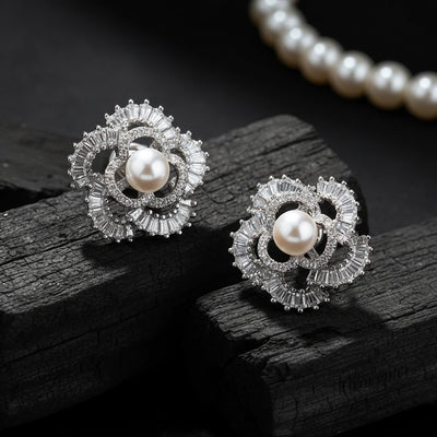 Gold-Plated Floral Cubic Zirconia and Faux Pearl Stud Earrings
