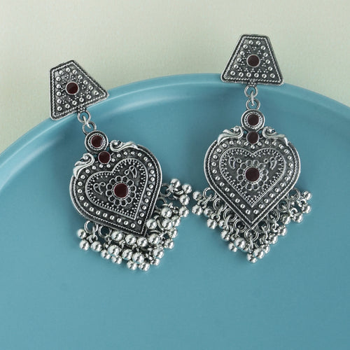 Oxidised Silver Heart Dangler Earrings with Ghungroo Cluster