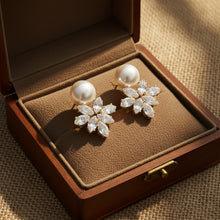 Load image into Gallery viewer, Gold-Plated American Diamond Floral Cluster and Pearl Stud Earrings
