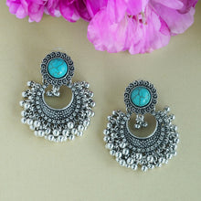 Load image into Gallery viewer, Antique Silver Turquoise Stud Chandbali Earrings – Ethnic Ghungroo Dangler Earrings