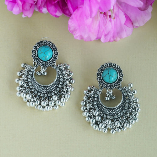 Antique Silver Turquoise Stud Chandbali Earrings – Ethnic Ghungroo Dangler Earrings