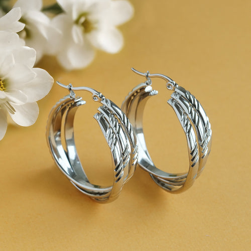 Women’s Textured Silver Crossover Hoop Earrings | Triple Band Silver Hoops with Latch-Back Clasp