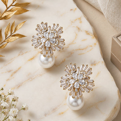 Solstice Starburst American Diamond Pearl Drop Earrings