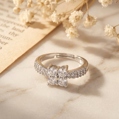 Silver-Plated Floral Cubic Zirconia Adjustable Ring