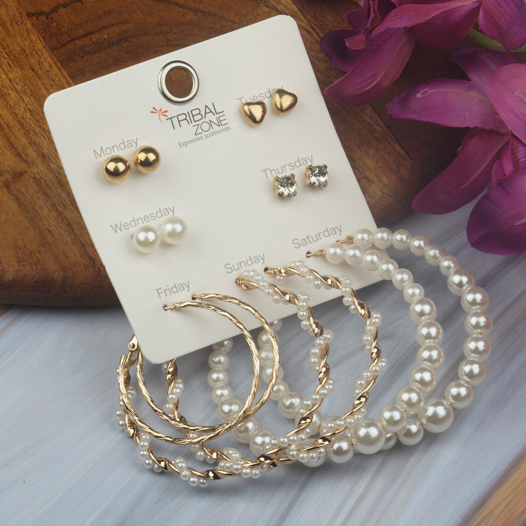 TRIBAL ZONE  GOLDEN 7 SET HOOP & STUD EARRINGS