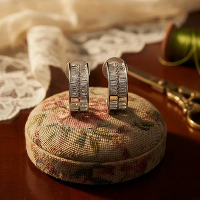 Luxury Vintage-Inspired Silver Baguette Diamond Chunky J-Hoop Earrings