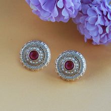 Load image into Gallery viewer, Women’s Antique Gold Textured Stud Earrings | Round Ruby &amp; Emerald Glass Stone Studs
