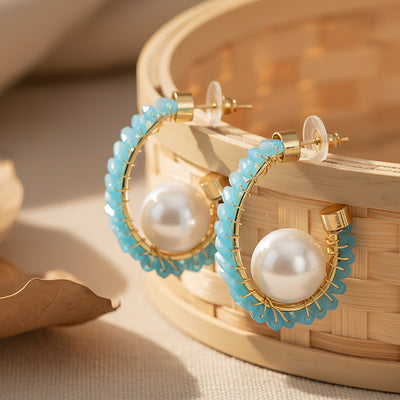 Gold-Plated Sky Blue Beaded Hoop Earrings with Pearl Accent
