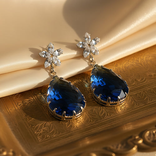 Rhodium-Plated Royal Blue Crystal Teardrop Drop Earrings with American Diamond Floral Studs