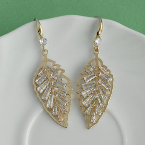 Gold-Plated Crystal Leaf Drop Earrings  Short Description