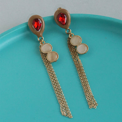Emerald/Ruby Colored Teardrop Pearl Chain Earrings