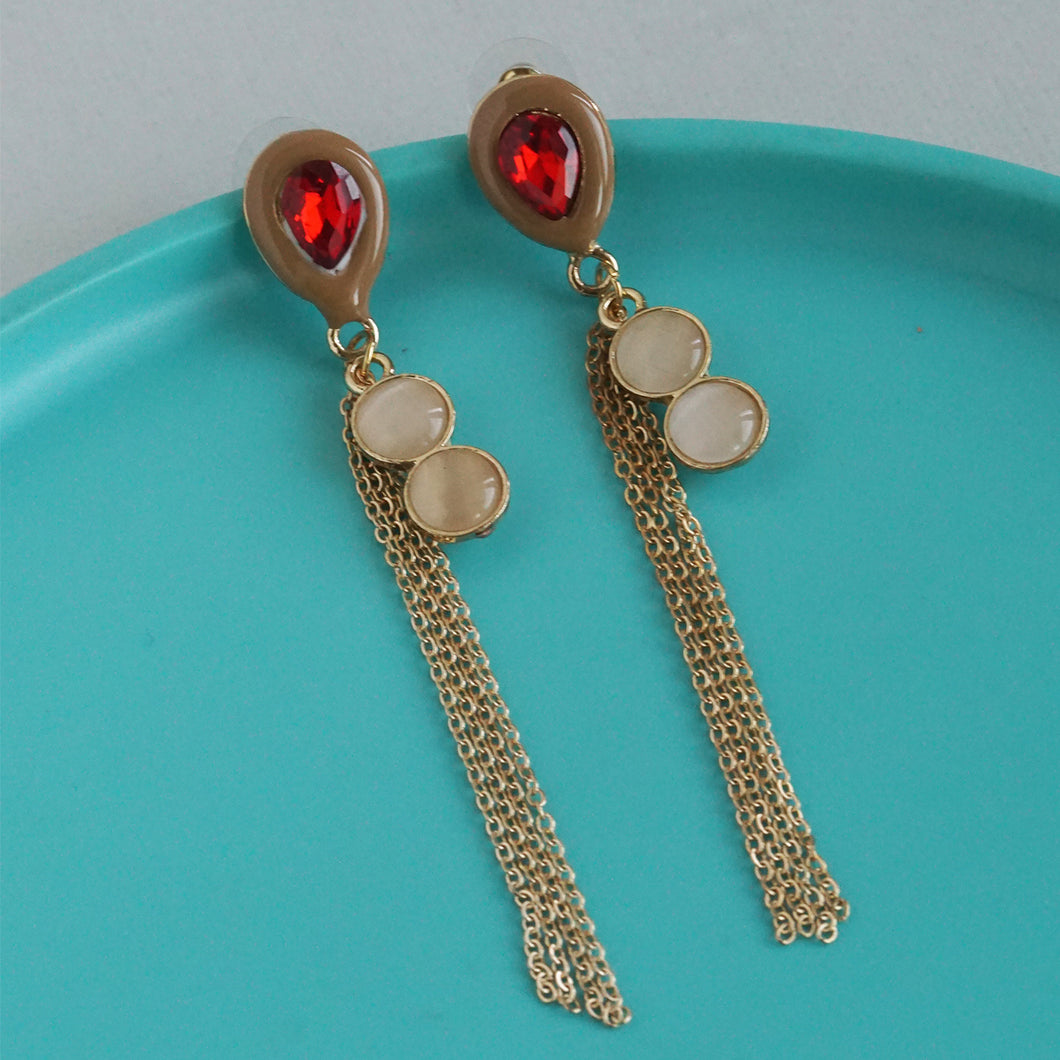 Emerald/Ruby Colored Teardrop Pearl Chain Earrings