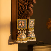 Load image into Gallery viewer, Grey Meenakari Lotus Kundan Jhumka Earrings