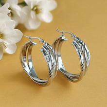 Load image into Gallery viewer, Silver Textured Triple Band Hoop Earrings