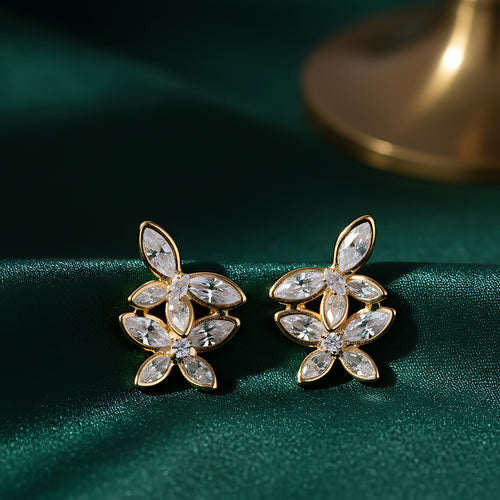 Gold-Plated Marquise American Diamond Leaf Cluster Stud Earrings