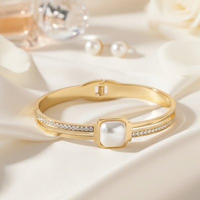 Pearl Cabochon Baguette Bangle - Gold