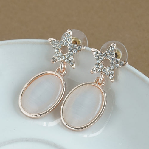 Rose Gold Star & White Cat-Eye Oval Drop Earrings