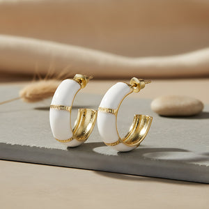 Gold-Plated White Enamel Chunky Open Hoop Earrings
