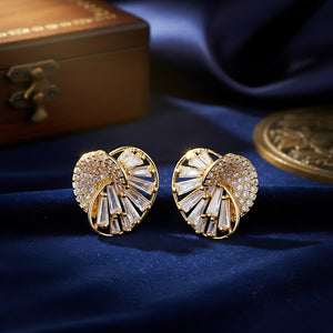 Gold-Plated Baguette and Round American Diamond Fan Stud Earrings