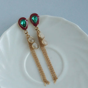 Emerald/Ruby Colored Teardrop Pearl Chain Earrings