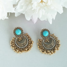 Load image into Gallery viewer, Antique Silver Turquoise Stud Chandbali Earrings – Ethnic Ghungroo Dangler Earrings