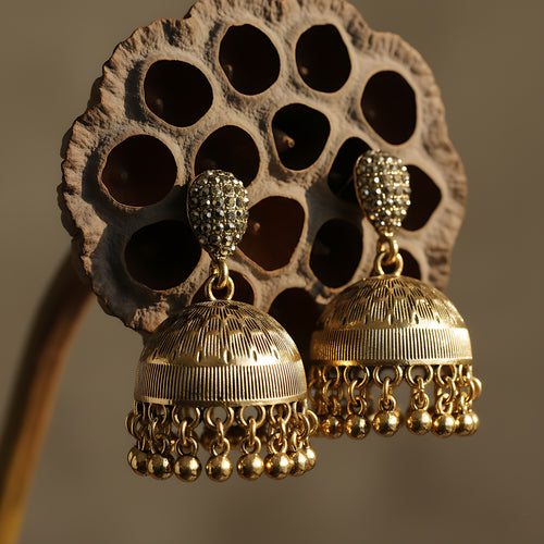 Gold Antique Textured Jhumka Earrings
