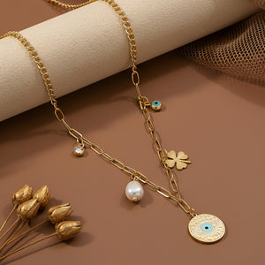 Gold Paperclip Chain Necklace with Evil Eye Medallion