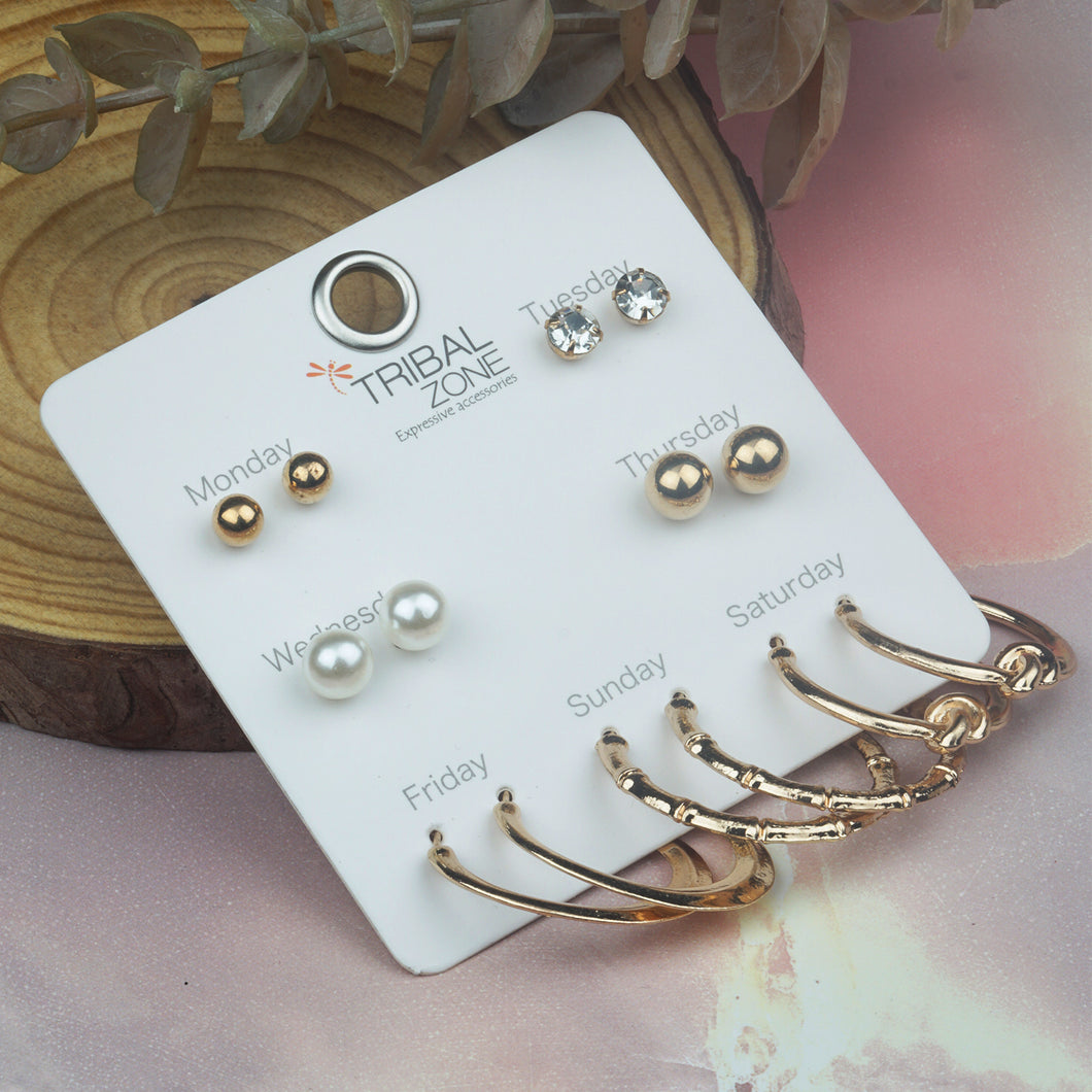 TRIBAL ZONE 7 Pairs Earring Set Gold Plated  with Hoops and Studs