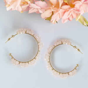 TRIBAL ZONE PRETTY BABY PINK BEADS C HOOP EARRING