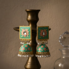 Load image into Gallery viewer, Mint Green Meenakari Lotus Kundan Jhumka Earrings