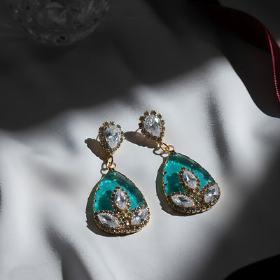 Gold-Plated Emerald Green Teardrop Drop Earrings with ZX  Stone Marquise AD Accents