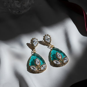 Gold-Plated Emerald Green Teardrop Drop Earrings with Marquise AD Accents