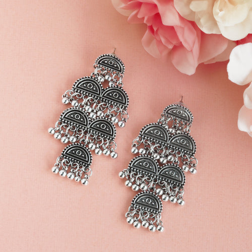 Oxidised Silver Tiered Half-Moon Dangler Earrings with Ghungroo Clusters