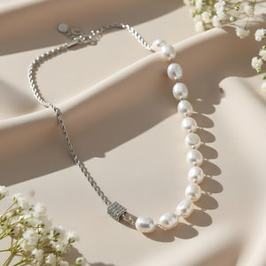 Silver Baroque Pearl Necklace with Pave Clasp