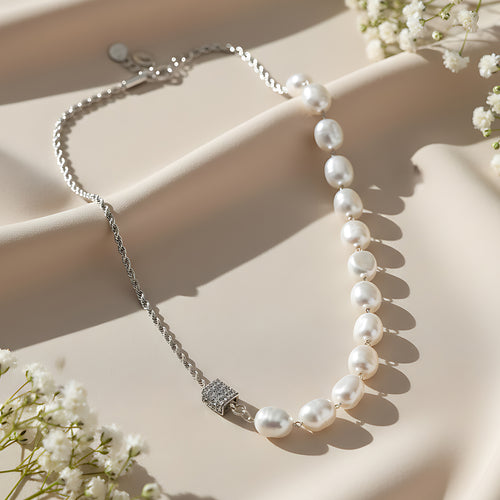Silver Baroque Pearl Necklace with Pave Clasp