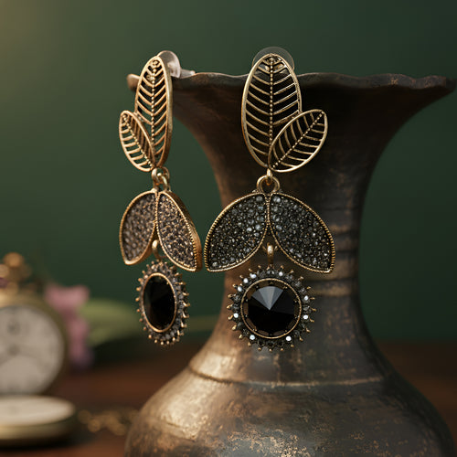 Antique Gold-Toned Black Crystal Leaf Drop Earrings