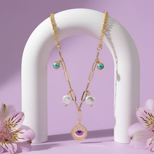 Gold Paperclip Chain Necklace with Eye Medallion