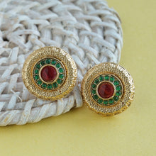 Load image into Gallery viewer, Women’s Antique Gold Textured Stud Earrings | Round Ruby &amp; Emerald Glass Stone Studs