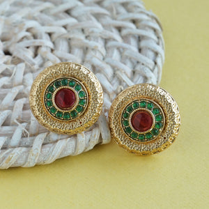 Women’s Antique Gold Textured Stud Earrings | Round Ruby & Emerald Glass Stone Studs