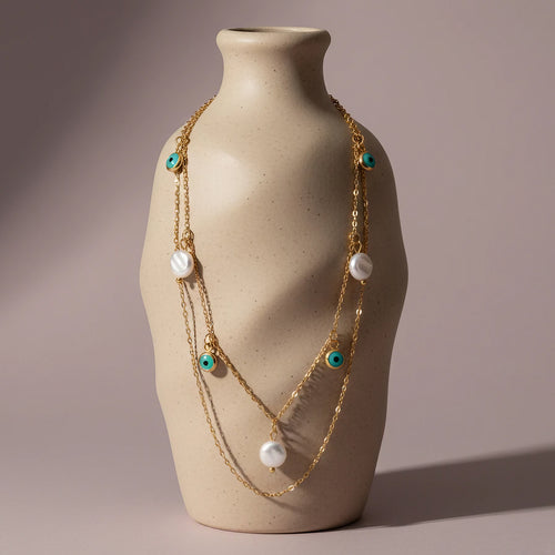 Gold Layered Evil Eye & Pearl Chain Necklace