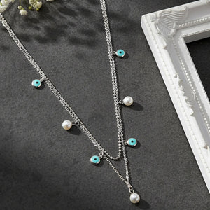 Silver Multi-Strand Evil Eye & Pearl Necklace