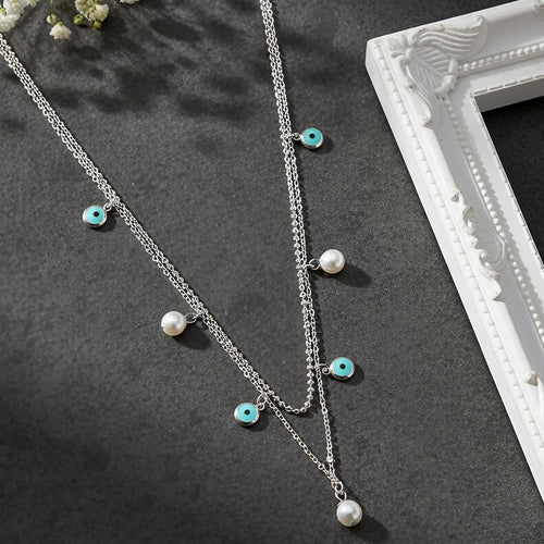Silver Multi-Strand Evil Eye & Pearl Necklace
