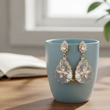 Load image into Gallery viewer, Gold-Plated Peach Quartz Teardrop Drop Earrings with Dragonfly Accents