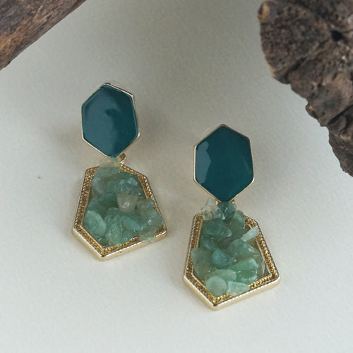 Gold-Toned Hexagonal Enamel and Raw Stone Drop Earrings