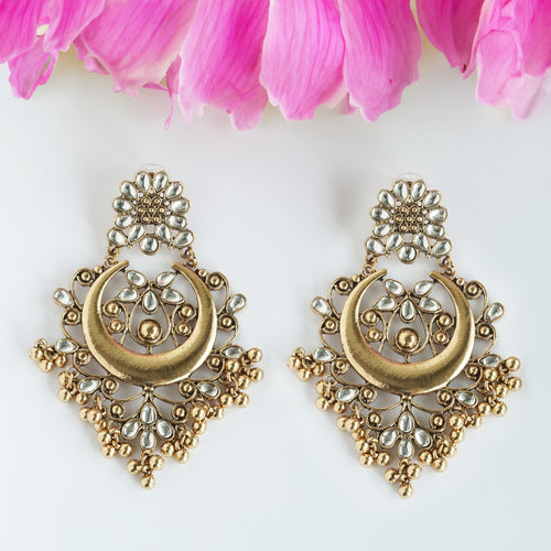Gold-Tone Crescent Chandbali Earrings with Glass Stone Accents – Festive Ghungroo Dangler Earrings