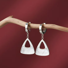 Load image into Gallery viewer, Silver Mother-of-Pearl Triangle Huggie Drop Earrings