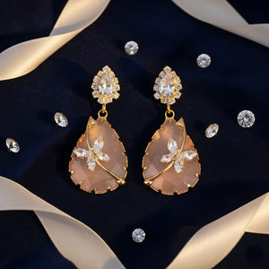 Gold-Plated Peach Quartz Teardrop Drop Earrings with Dragonfly Accents