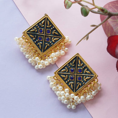 TRIBAL ZONE Blue Enamel Square Indowestern Earrings